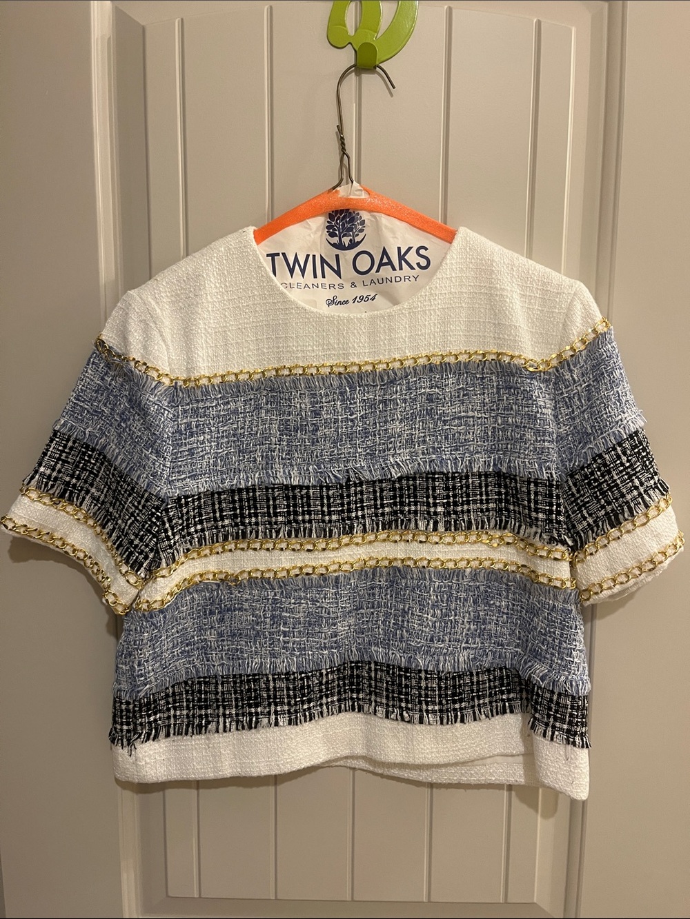 Endless Rose White, Blue & Black Striped Tweed Tunic with Gold Trim